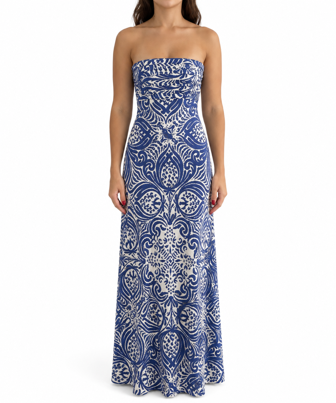 Shona Joy Blue Print Strapless Maxi Dress